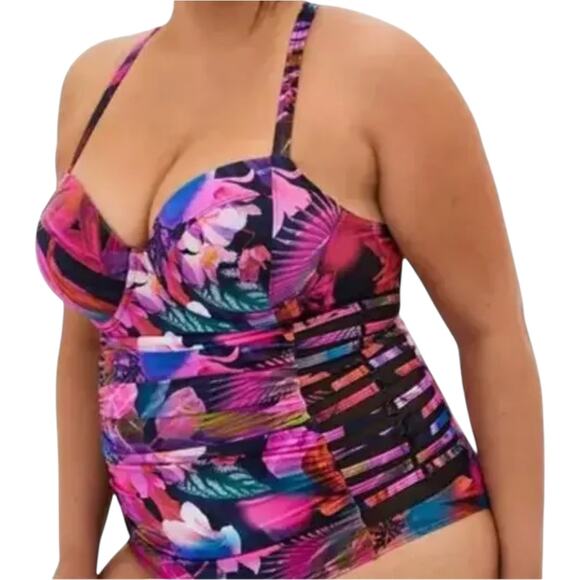 Torrid Slim Fix Underwire Lattice Side One Piece 40+ UPF Multi Leaves 2X D/DD - Picture 1 of 6